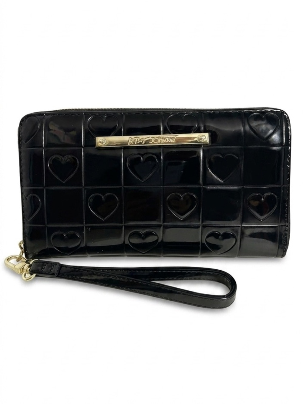 Betsey Johnson Faux Patent Quilted Wristlet Alternating Hearts and Blank Squares